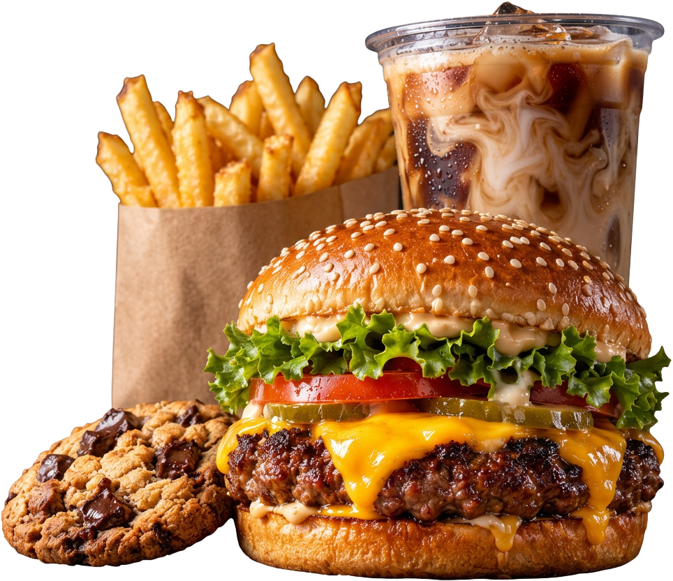 Cheeseburger with golden fries, iced coffee, and a chocolate-chip cookie